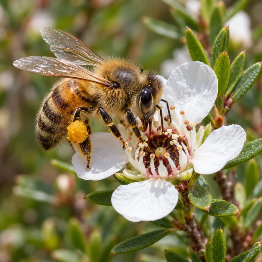 A honeybee foraging on a manuka flower