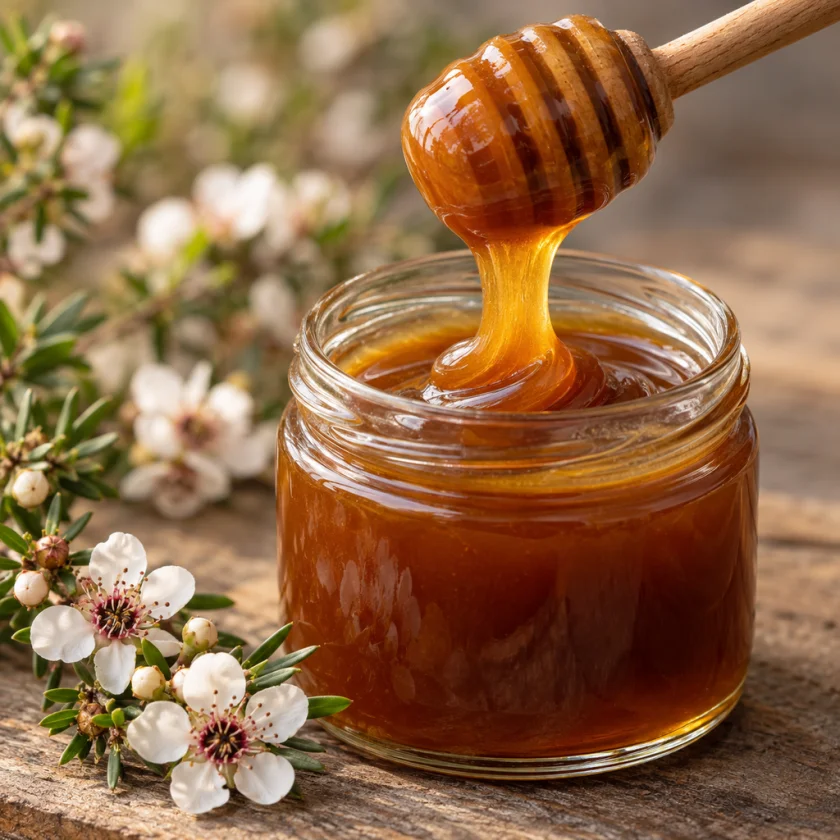 Manuka honey, thick and dark amber