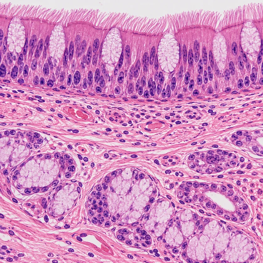 Airway lining with its cilia and mucus-making goblet cells