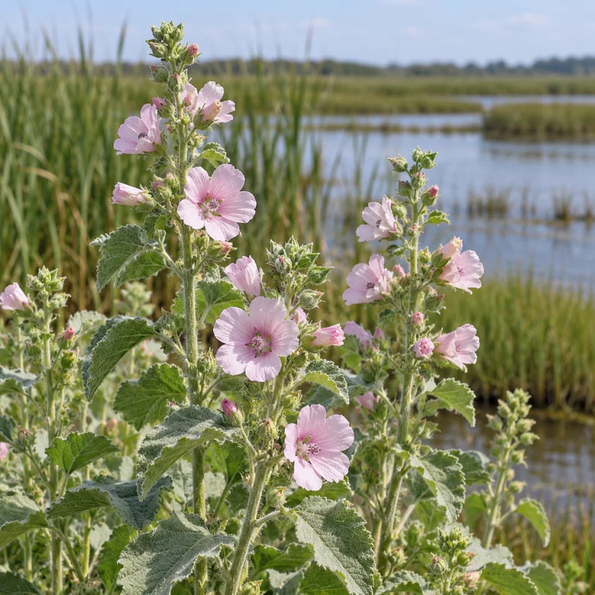 Althaea officinalis growing on a salt marsh