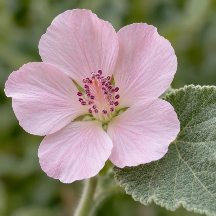 The pale pink flower of the marsh mallow