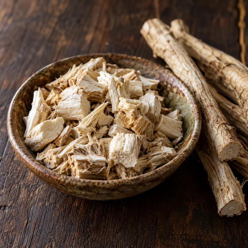 Dried, peeled marshmallow root as sold for infusions