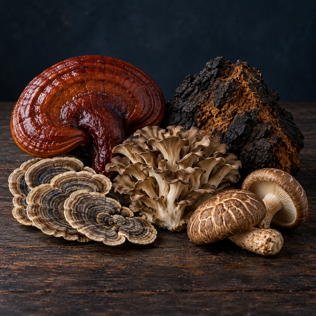 Reishi, chaga, turkey tail, maitake and shiitake on dark wood