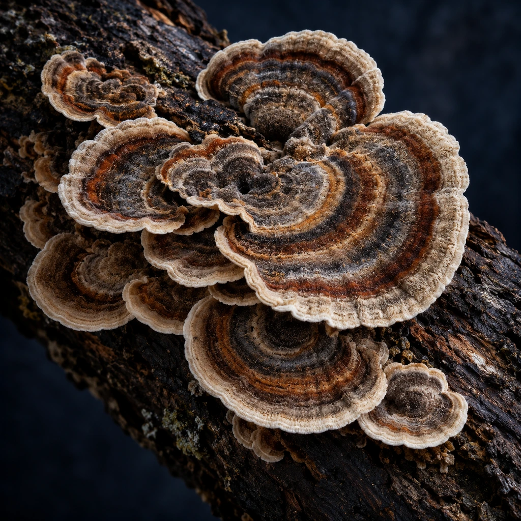 Turkey tail mushroom brackets on a dark log