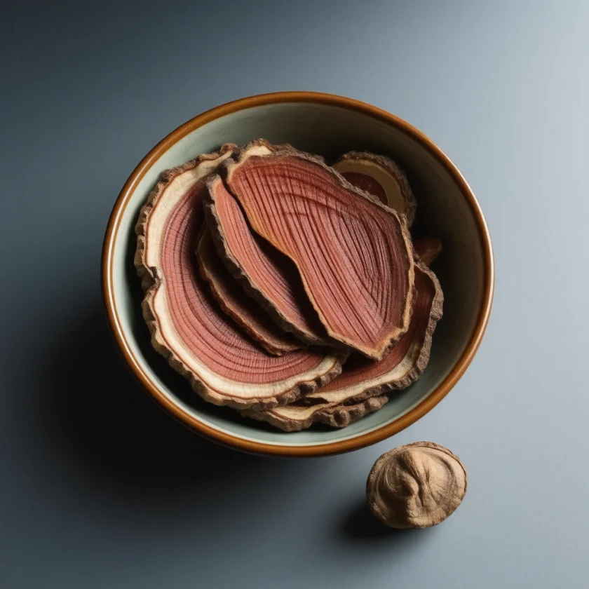 Sliced dried reishi, used for decoctions and extracts
