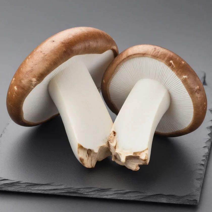 Fresh shiitake, cut to show its white flesh and gills