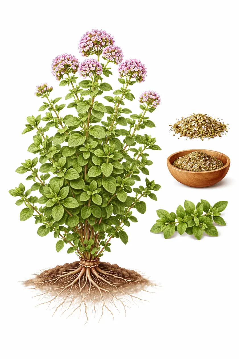 Botanical illustration of Origanum vulgare (oregano) showing the full plant with roots, oval leaves, pink flower clusters, dried herb in a bowl, and fresh sprig