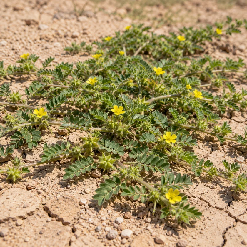 Puncture vine spreading over dry ground