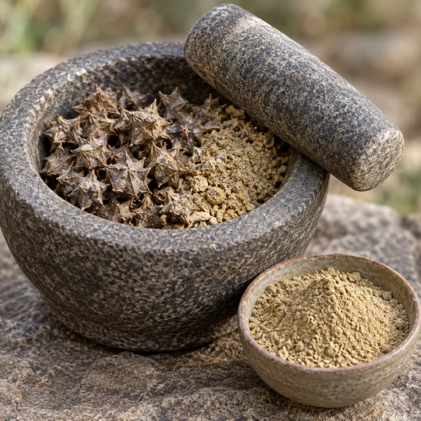 Dried tribulus fruit ground to powder