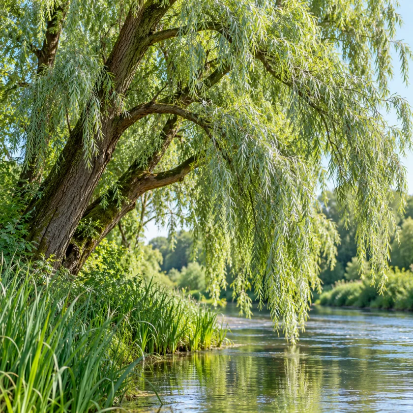 A white willow, Salix alba, by a river