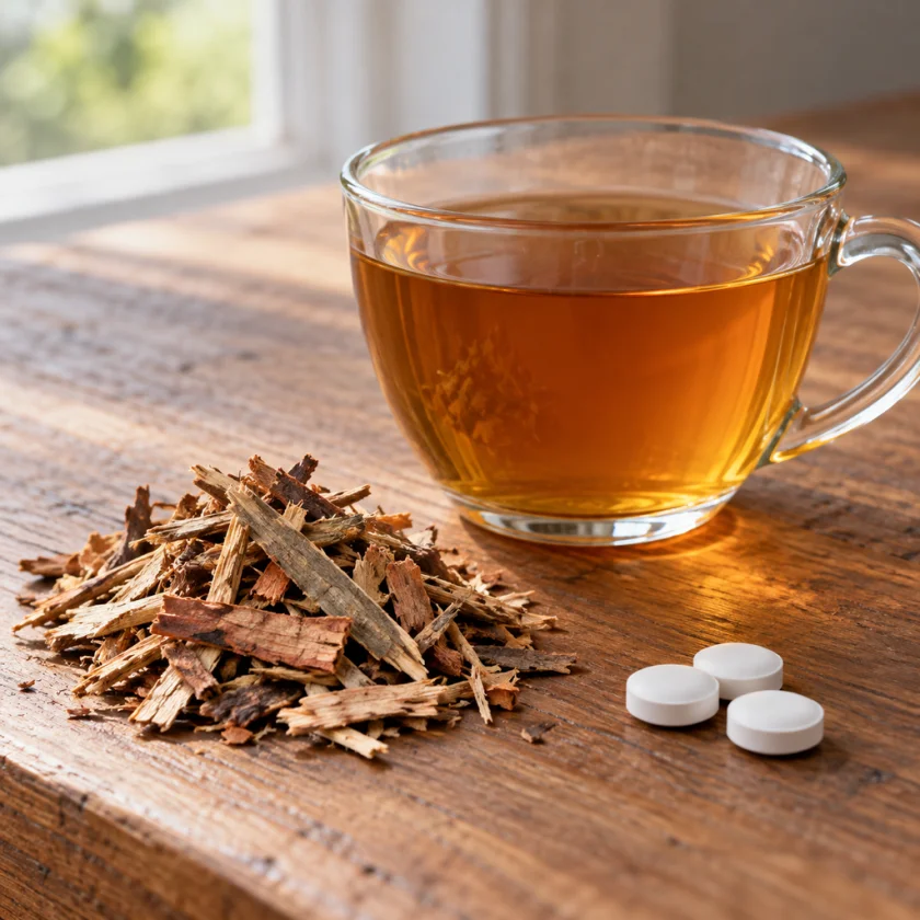 Willow bark tea beside aspirin tablets
