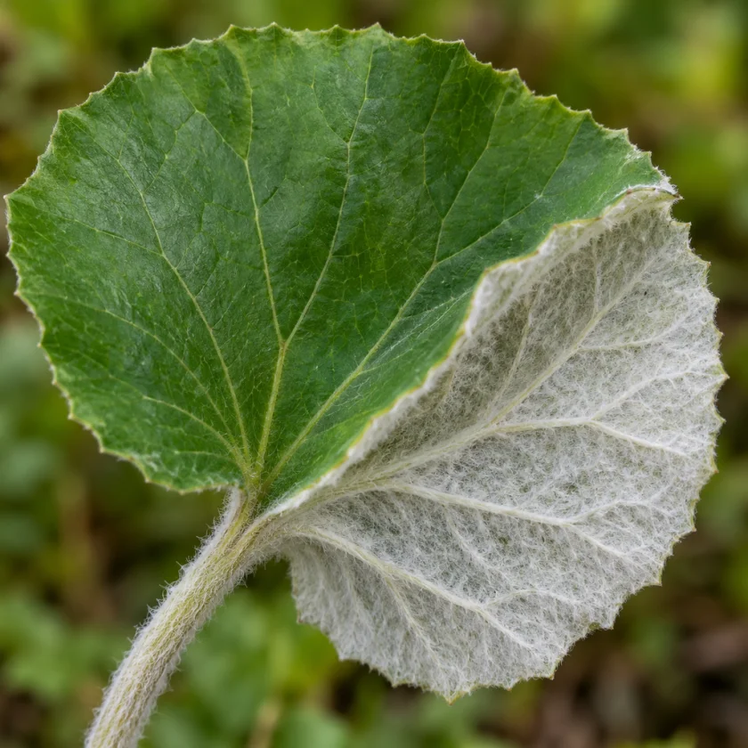Coltsfoot leaf, green above and white-felted below