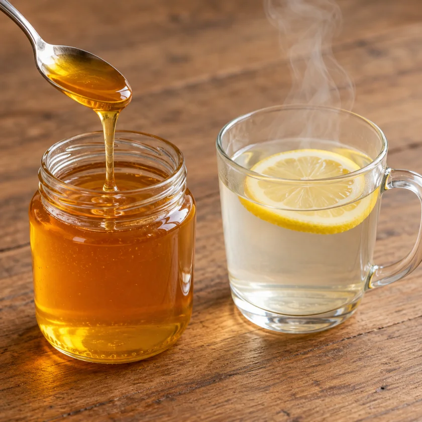 A spoonful of honey above a jar next to a steaming mug with lemon