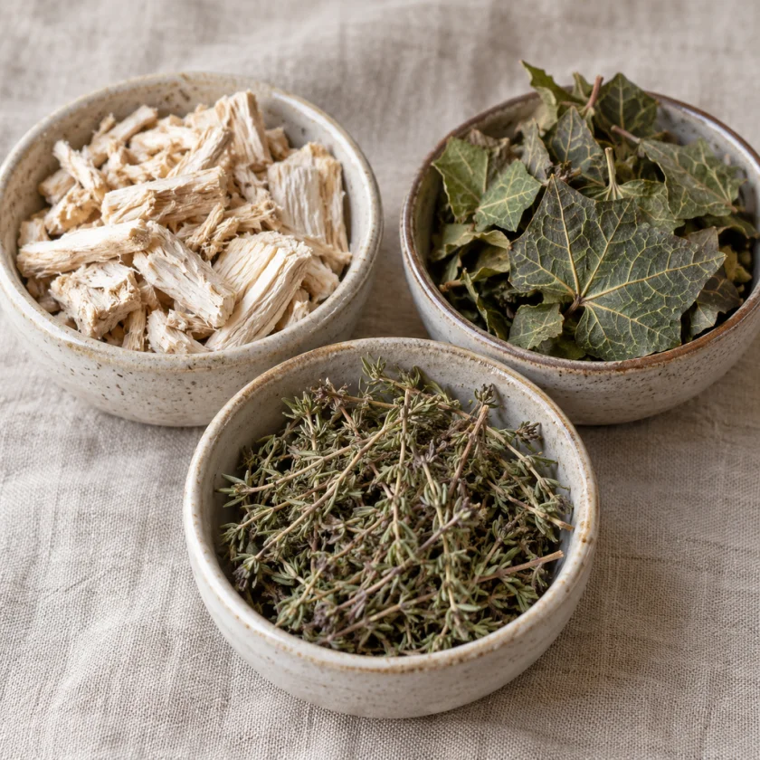 Three small bowls holding dried marshmallow root, ivy leaves and thyme