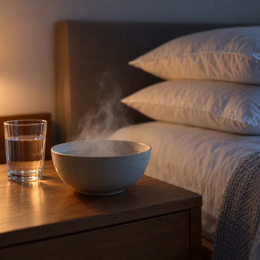 A steaming bowl and glass of water on a bedside table beside stacked pillows