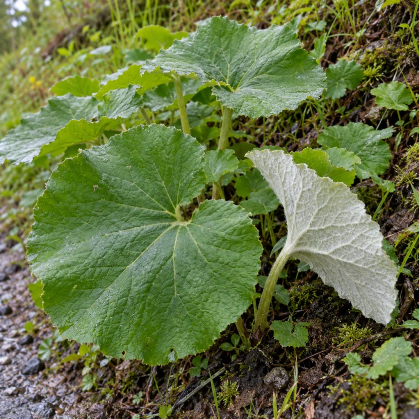 Broad hoof-shaped coltsfoot leaves, one turned to show its white felted underside