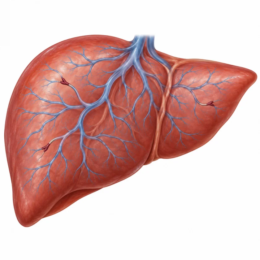Illustration of a liver with narrowed and blocked small hepatic veins