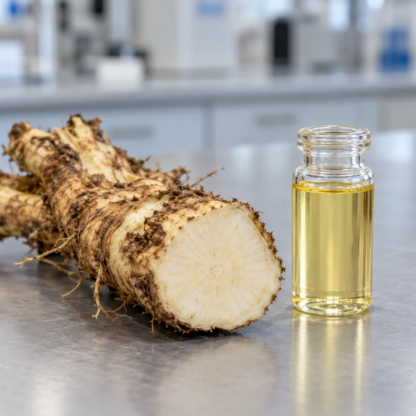 A cut elecampane root beside a small vial of pale yellow essential oil