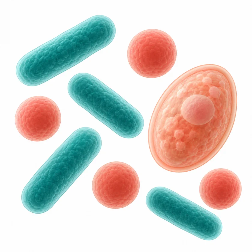 Illustration of rod-shaped and round bacteria with one oval yeast cell