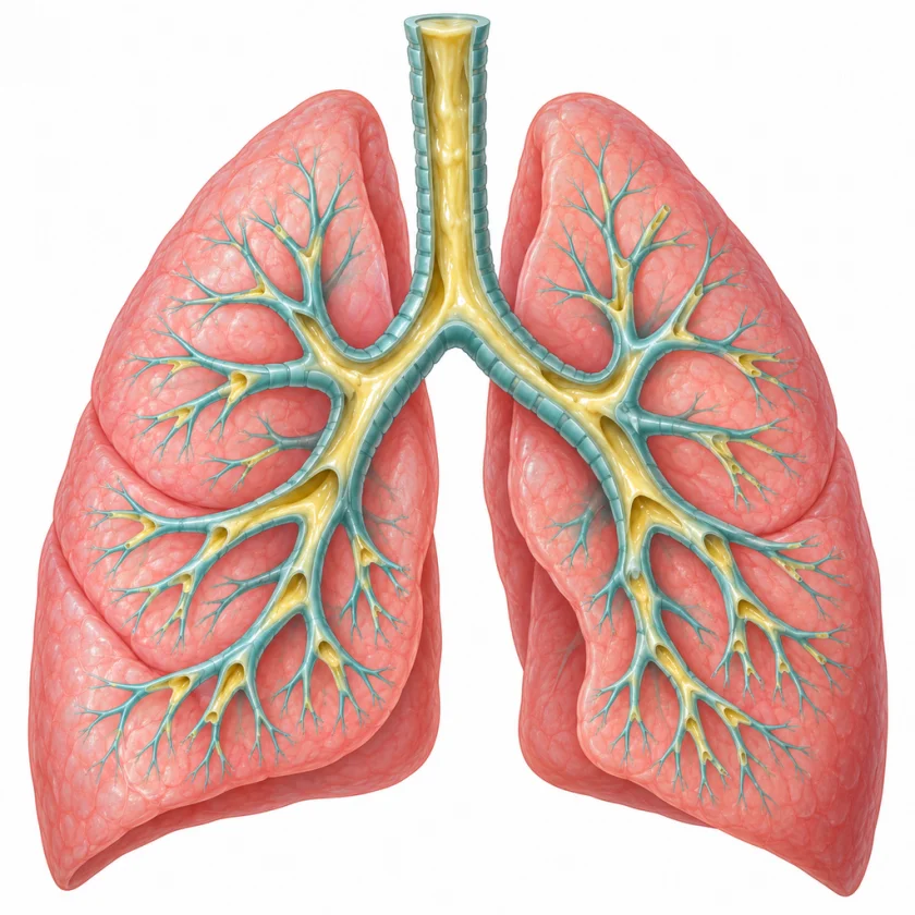 Illustration of the lungs and bronchial tree with mucus lining the airways