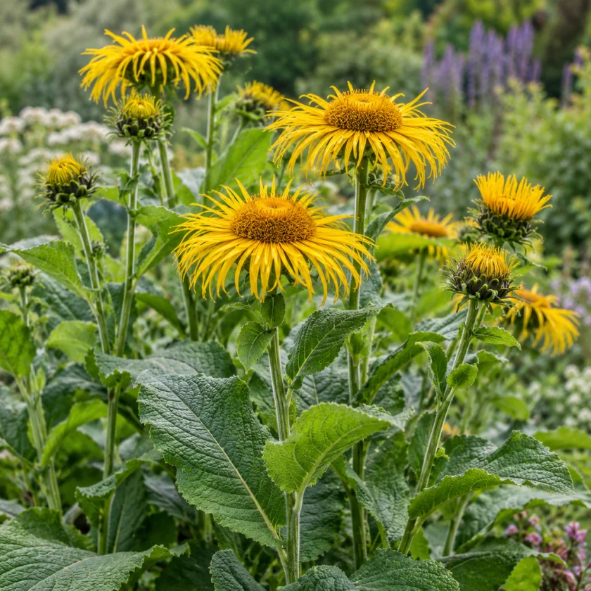 Tall elecampane plants with shaggy yellow flowers in a herb garden