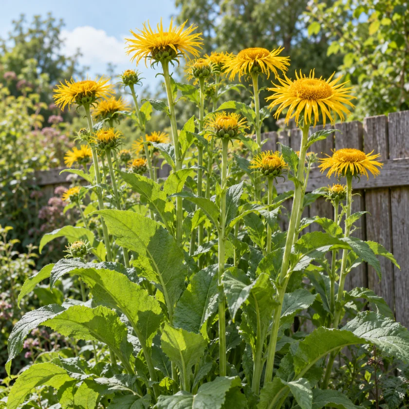 Elecampane growing taller than a fence