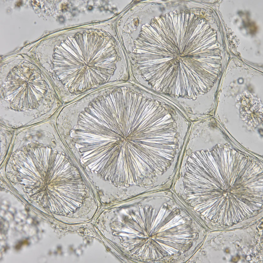 Inulin crystals inside elecampane root cells