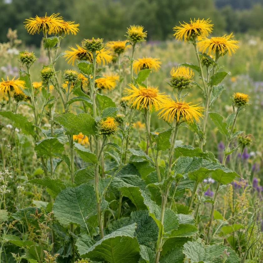 A stand of tall elecampane plants with yellow flowers in a meadow
