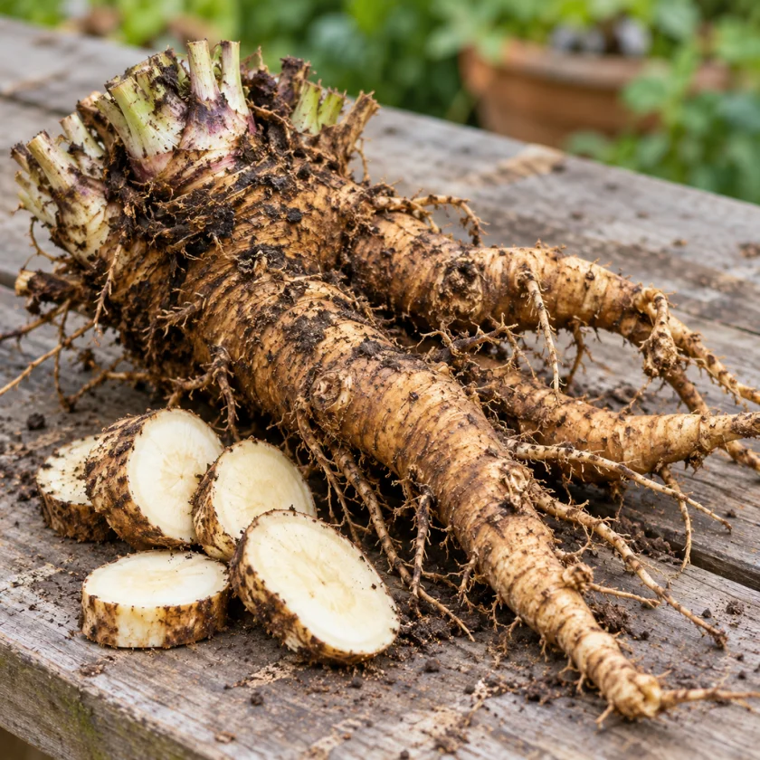 A freshly dug brown elecampane root with cut slices showing pale flesh