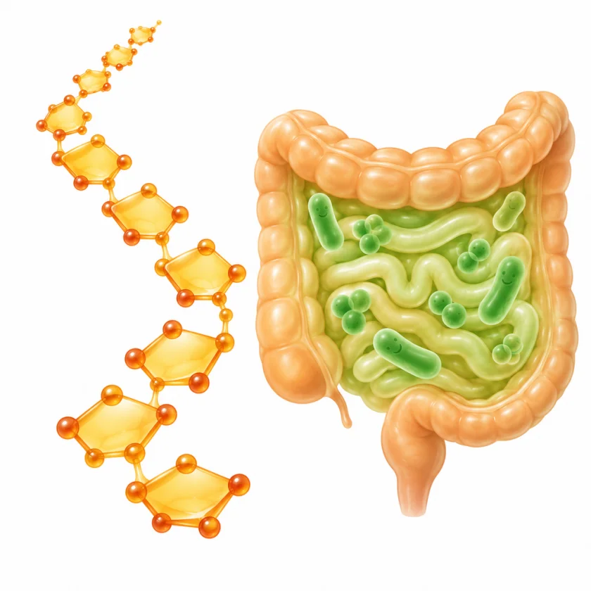 Illustration of a fibre chain beside a stylised gut with bacteria