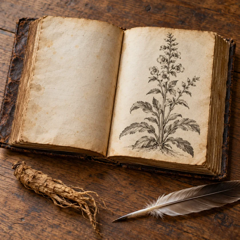 An open antique herbal book with a botanical woodcut beside a dried root and quill