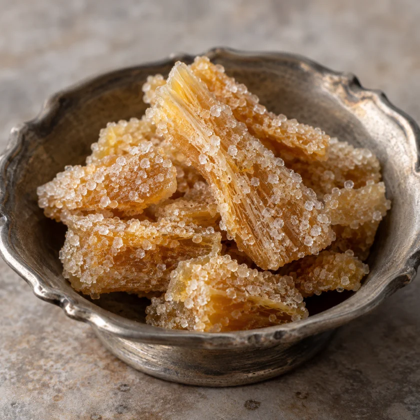 Sugar-coated pieces of candied root in a small pewter dish