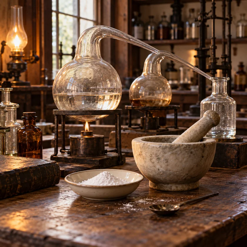 A period chemistry bench with glassware and a dish of white powder