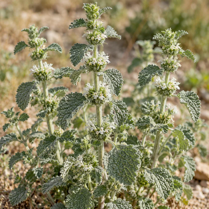 White horehound with woolly grey-green leaves and tiny white flower whorls