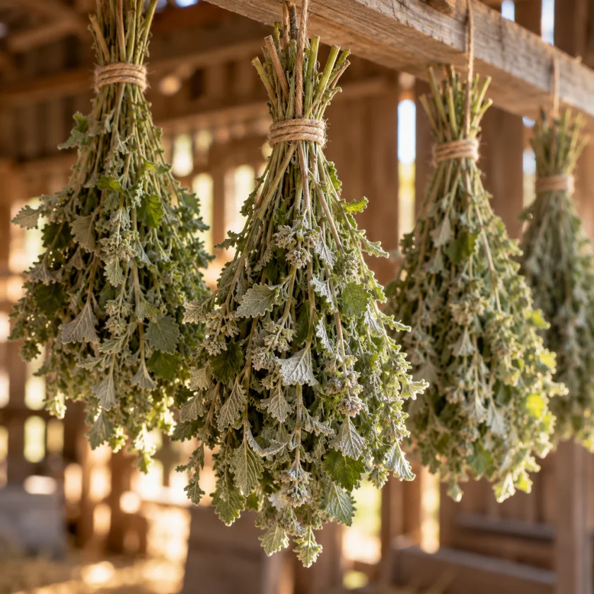 Bundles of horehound hanging upside down to dry in a barn