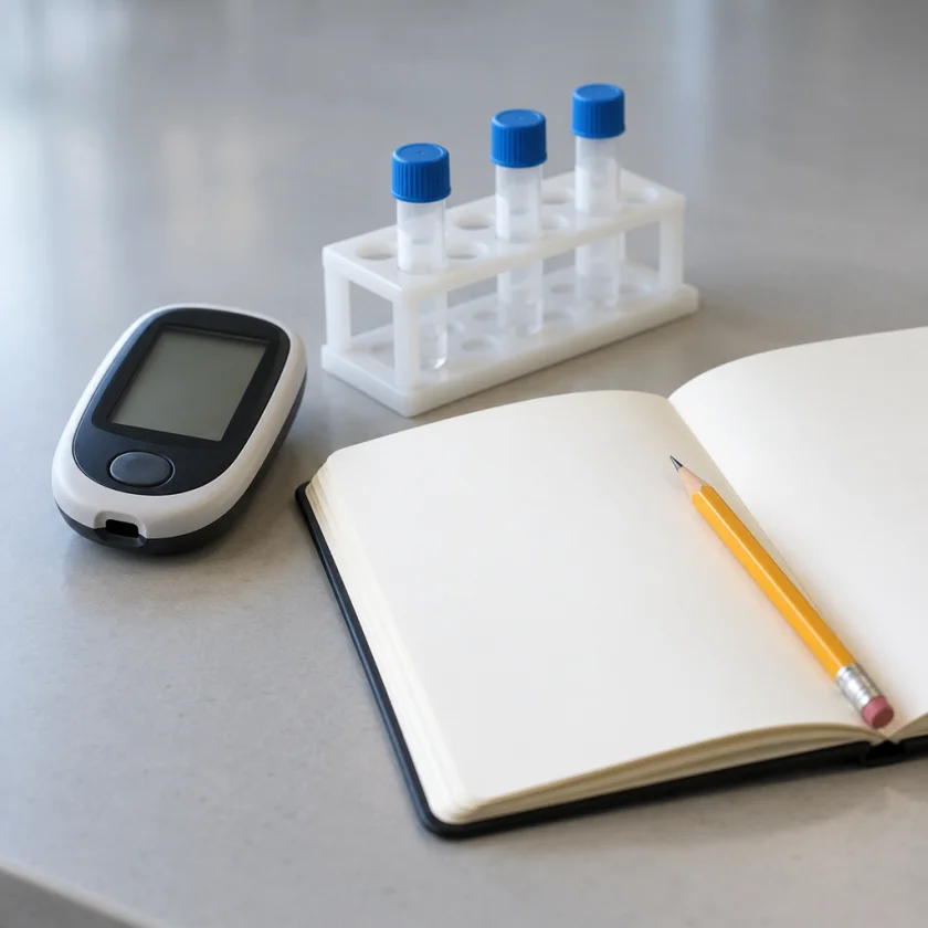 A glucose meter, sample tubes and a notebook on a lab bench