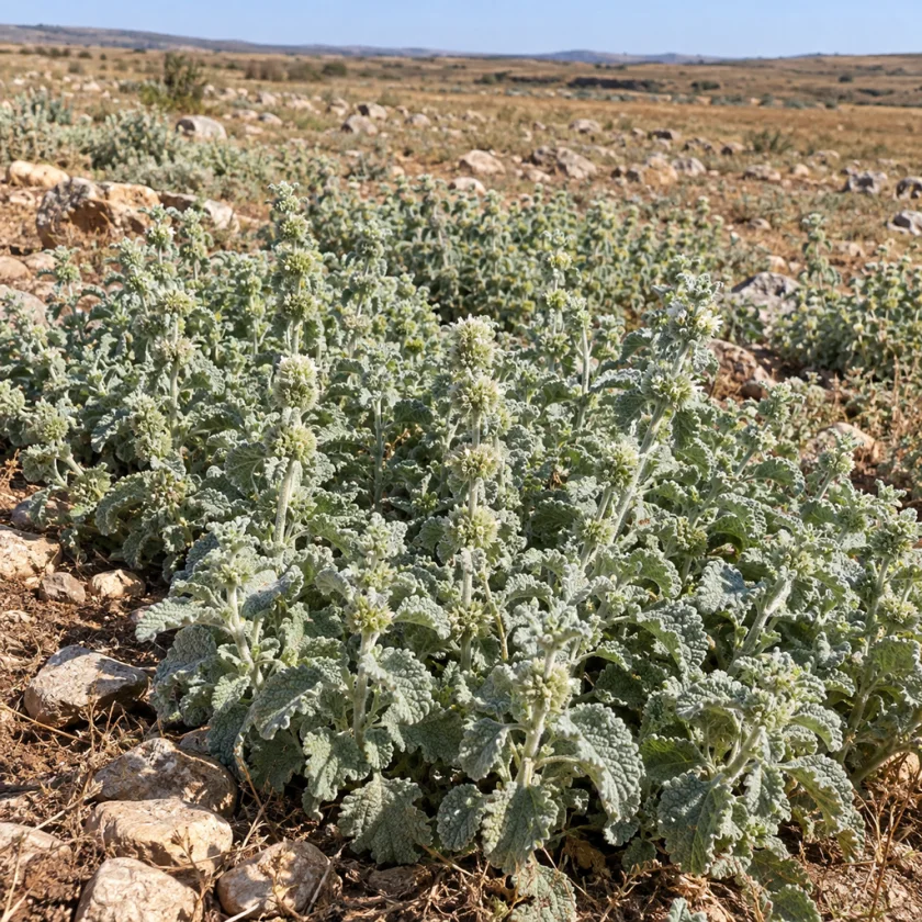 Horehound spreading in a dry paddock