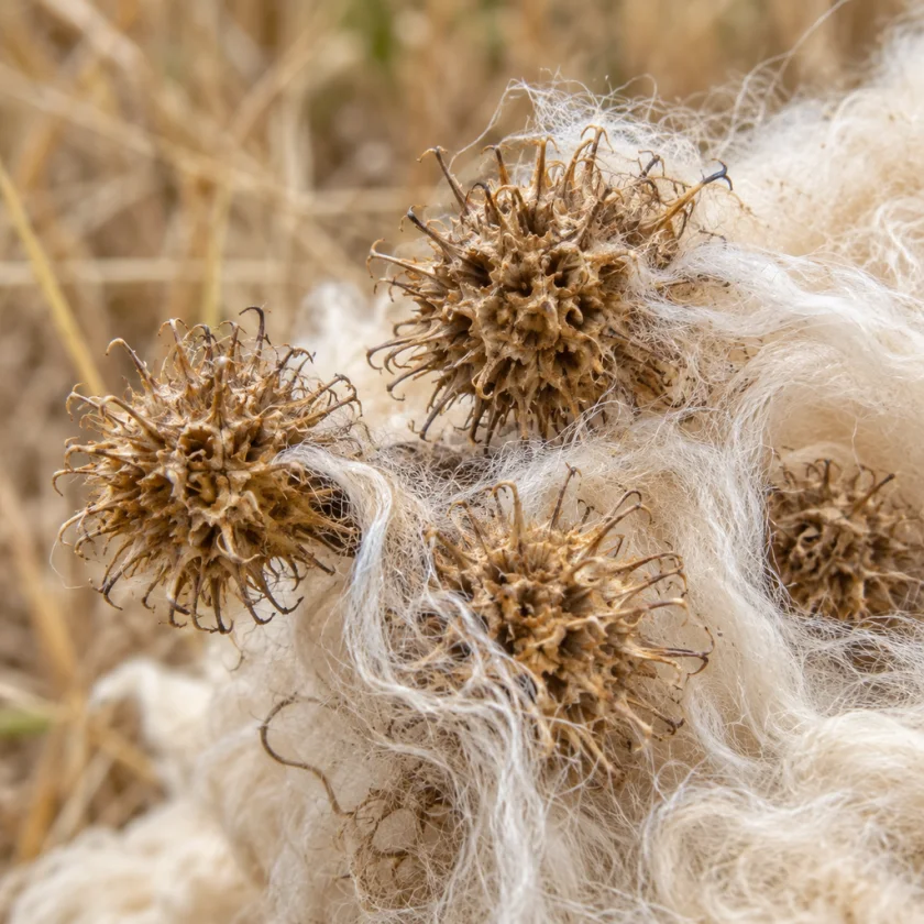 Horehound burrs caught in sheep's wool