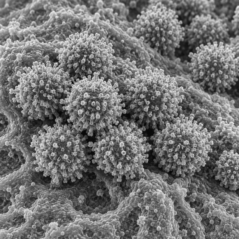 Influenza virus particles on a cell
