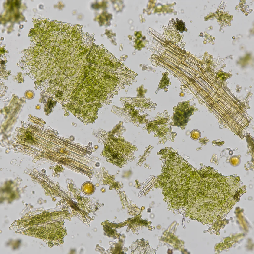 Powdered herb checked under the microscope