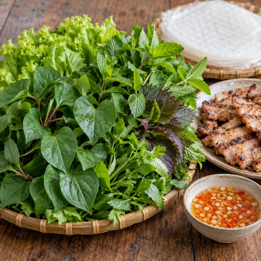 Houttuynia leaves on a Vietnamese herb platter