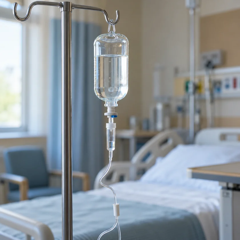 An unlabelled intravenous drip bag on a metal stand in a hospital room