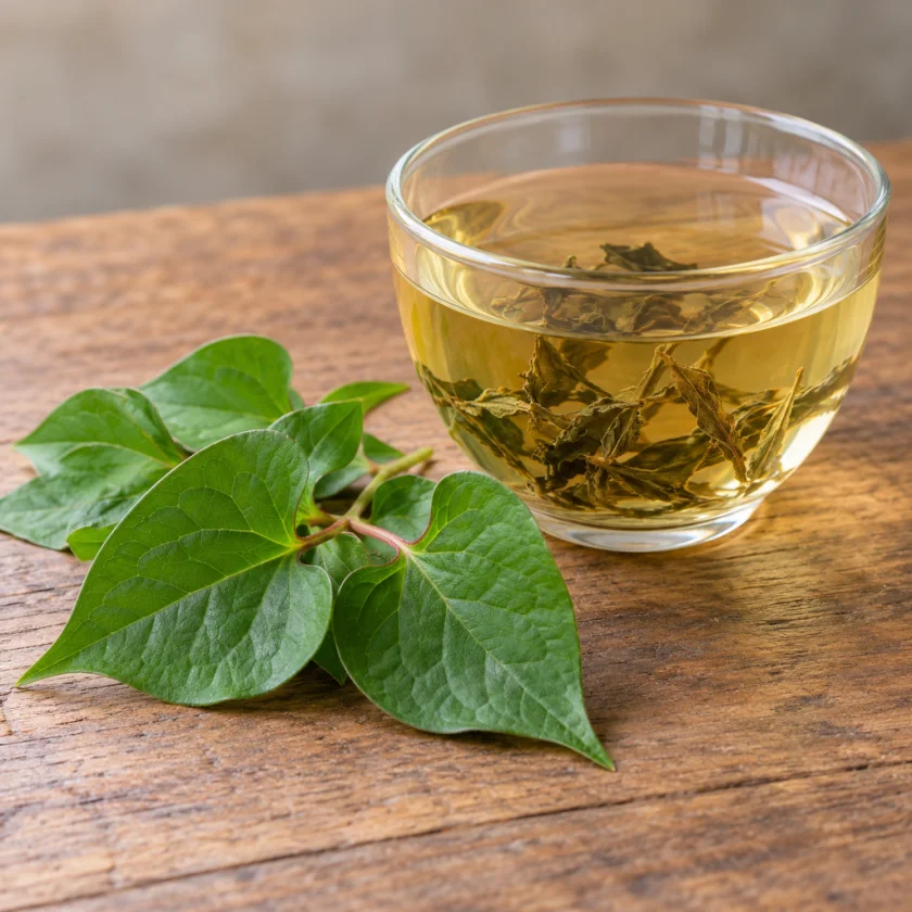 Fresh heart-shaped fish mint leaves next to a cup of herbal tea
