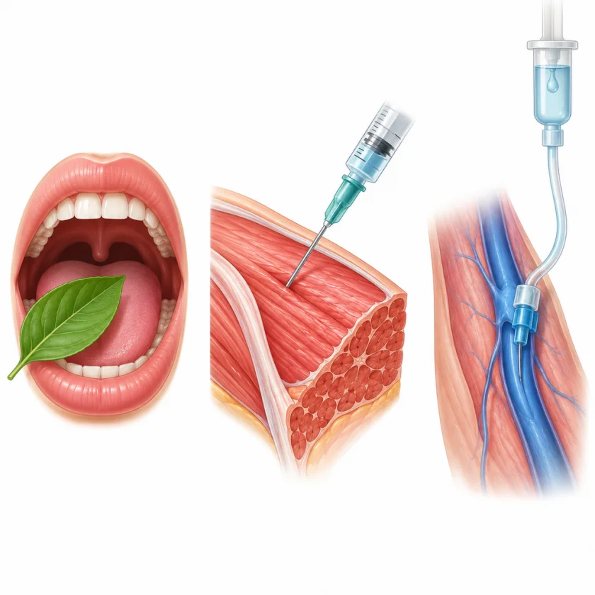 Illustration comparing oral, intramuscular and intravenous routes