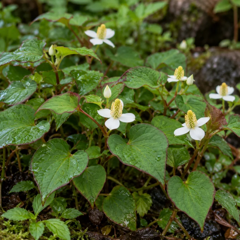 Fish mint plants with heart-shaped leaves and small white flowers