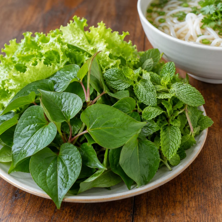 A plate of fresh herbs including fish mint leaves beside a bowl of noodles