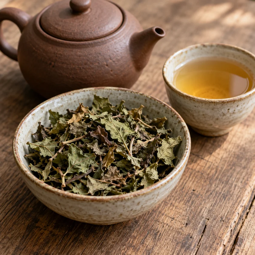 Dried fish mint leaves in a bowl beside a clay teapot and cup of tea