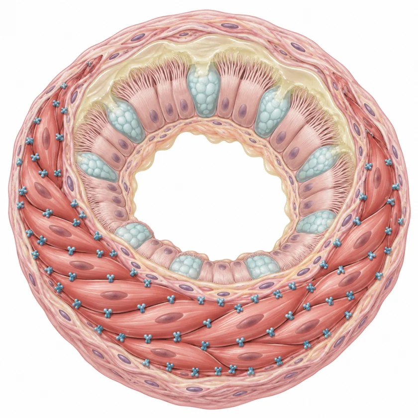 Illustrated cross-section of a small airway showing smooth muscle with surface receptors, ciliated lining cells and a thin mucus layer