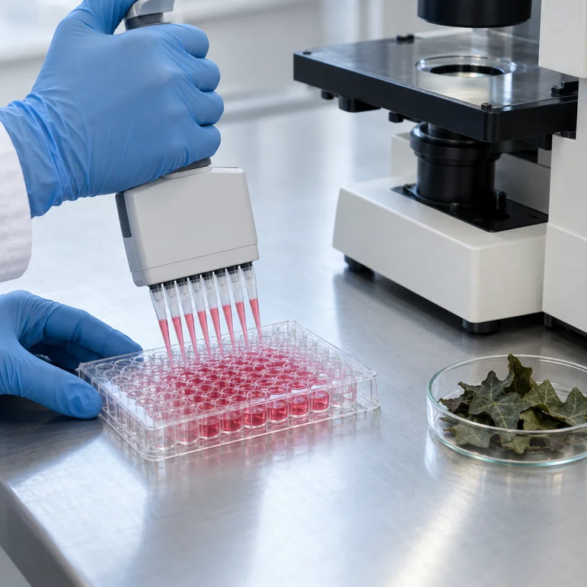 Gloved hands pipetting into a cell-culture plate on a lab bench next to a microscope and a dish of dried ivy leaves