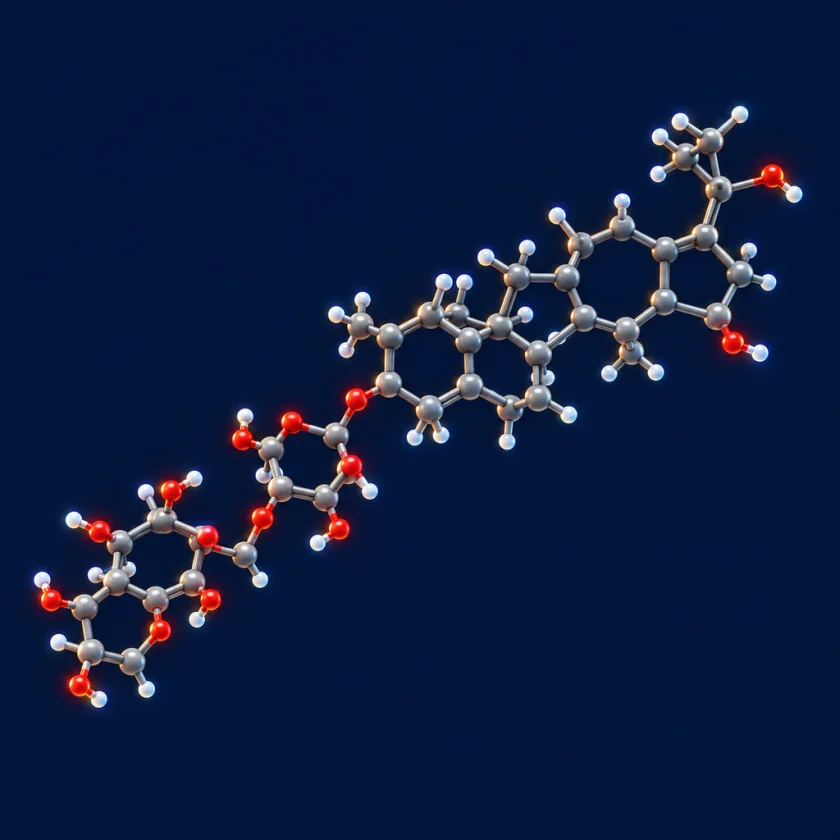 Ball-and-stick molecular model of a triterpenoid saponin with a five-ring skeleton and attached sugar chain on a dark background